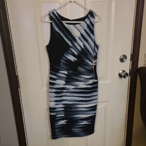 Ivanka Trump Black Blue and White Patterned Midi Dress Size 10